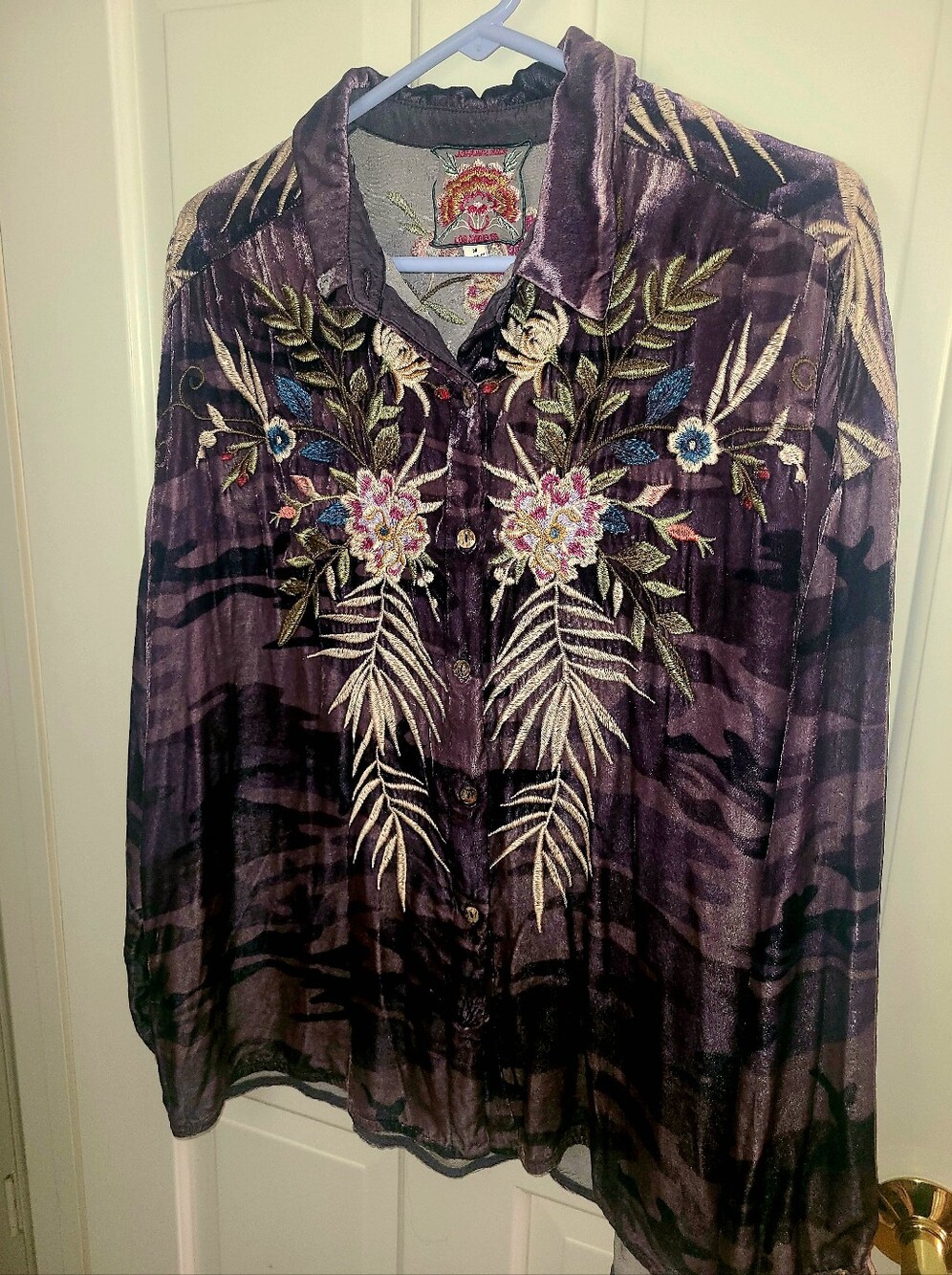 Johnny Was Embroidered Camo Button Down Purple Velvet